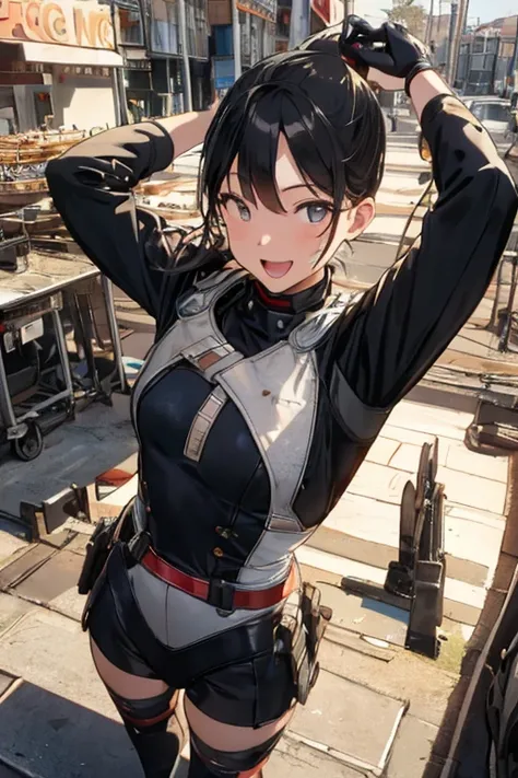 (from above:1.2),(perky chest:1.2), (pointed chest:1.2),(portrait), (1girl black hair, ponytail, brown eyes, happy smile, breath, closing eyes), (army coat, leotard, thighhighs, thigh holster), (fingerless gloves, boots), (standing, stretch, arms up), (out...