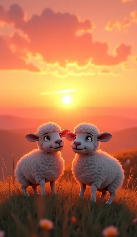 "At the top of a gentle hill, Philip and Wull stop to watch the sunset. The sky is painted in orange and pink, and the two sheep stand together, their hearts filled with joy as they enjoy the beautiful scenery."
Two sheep babies  create a real sheep babies...