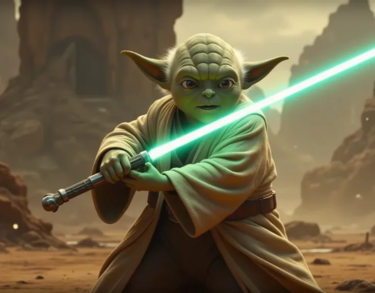 Master Yoda wheeling a lightsaber in an epic cinematic moment,