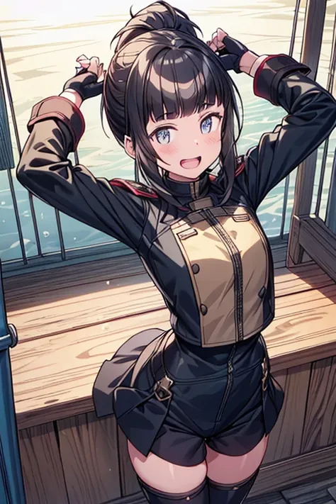 (from above:1.2),(perky chest:1.2), (pointed chest:1.2),(portrait), (1girl black hair, ponytail, brown eyes, happy smile, breath, closing eyes), (army coat, leotard, thighhighs, thigh holster), (fingerless gloves, boots), (standing, stretch, arms up), (out...