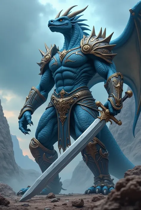 blue/azur dragon, humaiod form, with a full armor, right hand holding a big sword, without wings, realistic