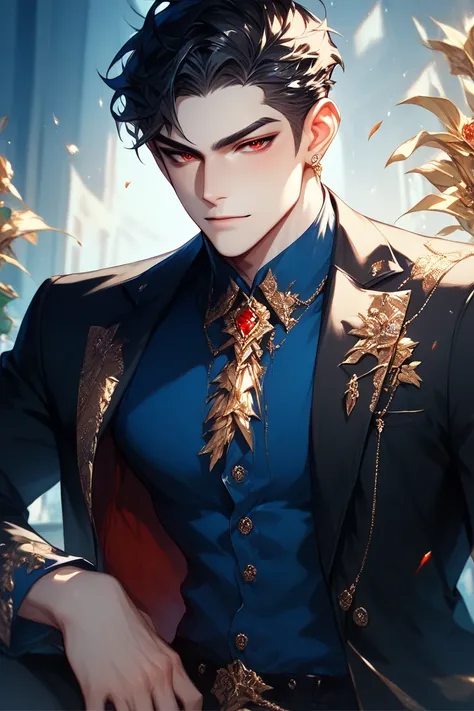  boy, Pale white skin, short and stylish black hair, red eyes,Wearing an elegant dark blue shirt, fine Italian Black jacket with gold details 