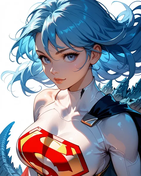 chica estilo anime, Loose Blue hair , Breasts 34C, With Godzillas tail, Supermans white super suit, sexy, Upper body view,  Heroic pose ,  white background