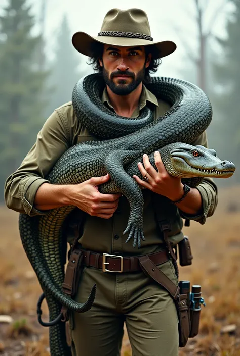 The hunter held the snake and the alligator and took it home