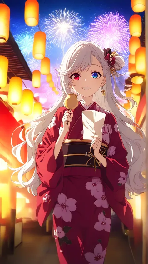 Short, silver-white hair with a slightly messy style and side-swept bangs, Heterochromia iridis),(left eye,Red eyes),(right eye,blue eyes),.  young woman wearing a traditional Japanese yukata with a vibrant floral pattern, standing alone on a quiet hill du...