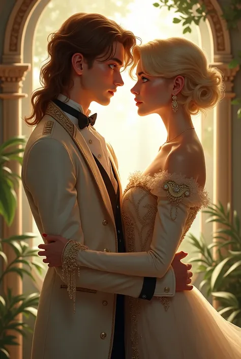 Blonde girl with short wavy hair green eyes and boy with long brown hair blue eyes elegant outfits 