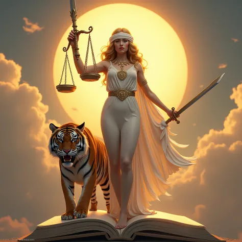  The Goddess Themis of Justice,  with a curvaceous body and showing her wide hips , and wide and sturdy legs,  and with long, wavy gold-colored hair , and wearing a white dress , and with soft and smooth skin , and holding a sword of long size , and holdin...