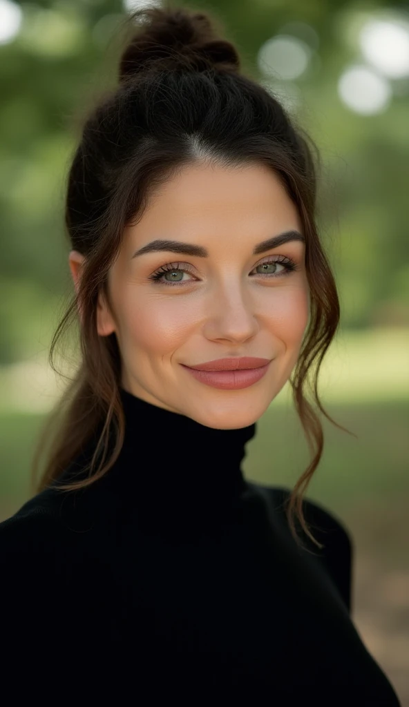 a stunning intricate full color portrait of a woman, black turtleneck,happy,epic character composition,sharp focus, natural lighting, subsurface scattering, f2, 35mm, film grain  20 years old, beautiful