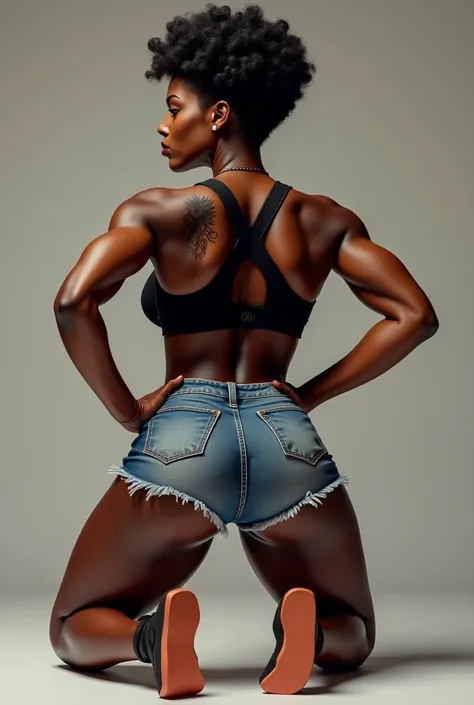  black woman character with short curly hair wearing a black sports top and denim shorts, kneeling with her body tilted down , Big buttocks,  tattoo on the back ,photo taken from behind 