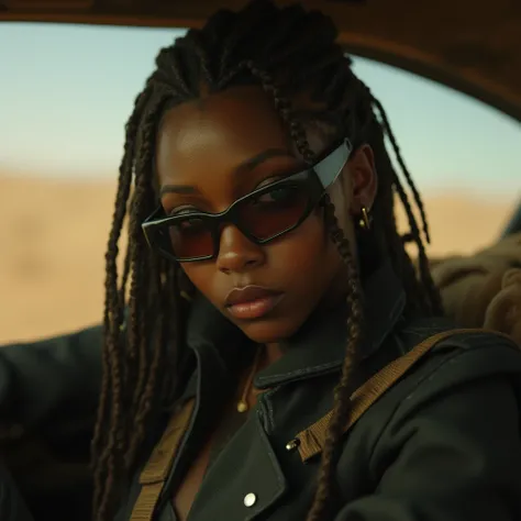 Black woman retinted , 25 years, nago braids,  dark green eyes, Brazilian, wanderer, mercenary,  is wearing dark suits and UV protection glasses ,  is inside a car in a post-apocalyptic setting swept by the desert