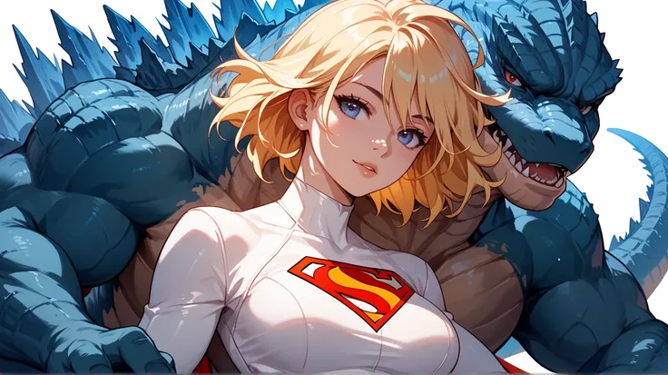 chica estilo anime, wide blue fur, Breasts 34C, With Godzillas tail, Supermans white suit, sexy,  waist up,  Heroic pose ,  white background