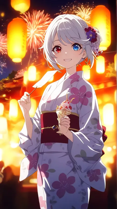 Short hair, silver-white hair with a slightly messy style and side-swept bangs, Heterochromia iridis),(left eye,Red eyes),(right eye,blue eyes),.  young woman wearing a traditional Japanese yukata with a vibrant floral pattern, standing alone on a quiet hi...