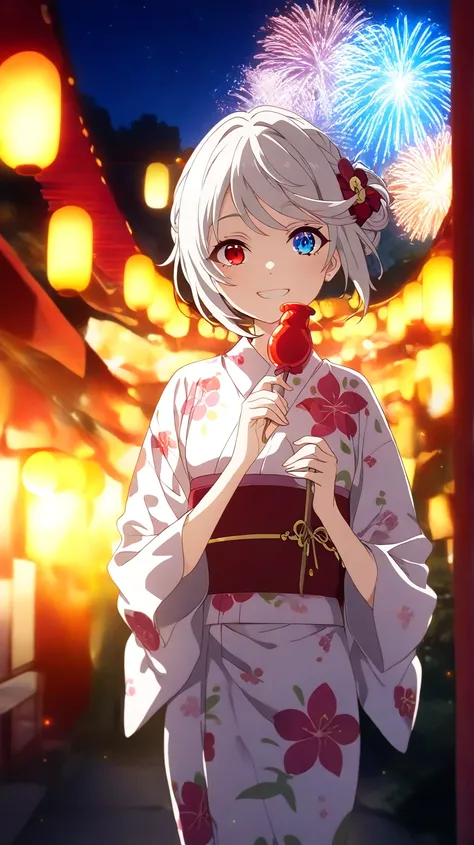 Short hair, silver-white hair with a slightly messy style and side-swept bangs, Heterochromia iridis),(left eye,Red eyes),(right eye,blue eyes),.  young woman wearing a traditional Japanese yukata with a vibrant floral pattern, standing alone on a quiet hi...