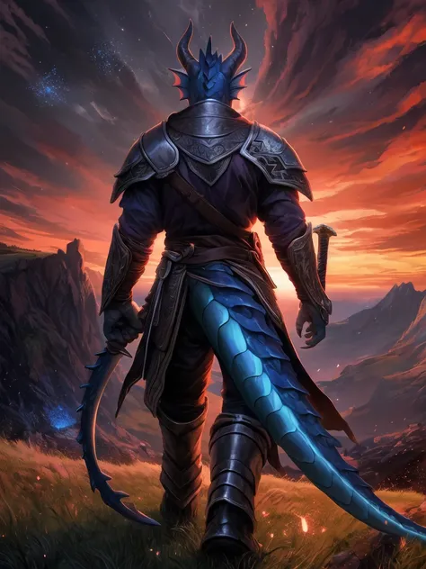 solo, male, mature male, (male anthro dragon:1.3), (blue body:1.1), (standing:1.3), (kemono:1.2), (sunset:1.23), sword, armor, raised head, (rear view), landscapes, cliff, dawn, horizon, detailed eyes, portrait, dragon tail, (detailed eyes), (outside:1.35)...