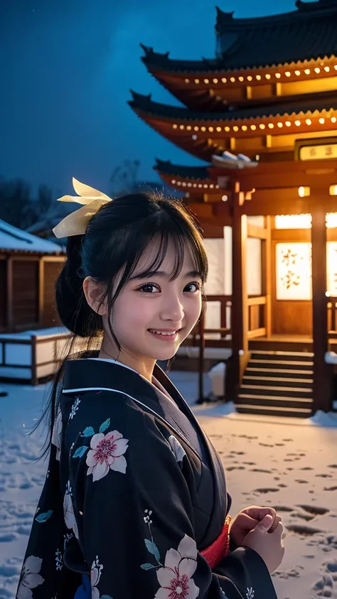 Big fireworks in the sky、Winter landscape, night, night temple, snowy scenery, praying in front of a large temple bell, beautiful elementary school student, one girl, camellia pattern kimono, bust shot, best quality, black hair in ponytail, smiling face, r...