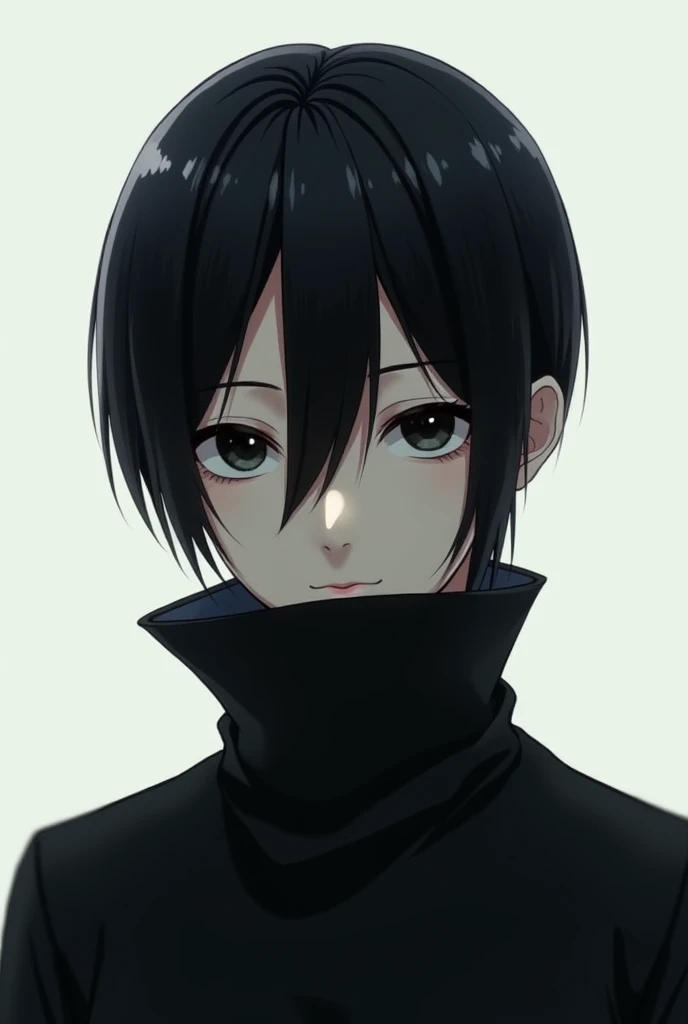 An anime boy with straight dark black hair v shaped bangs and dark black eyes, with delicate features and black Clothing,Mouth being covered by collar 