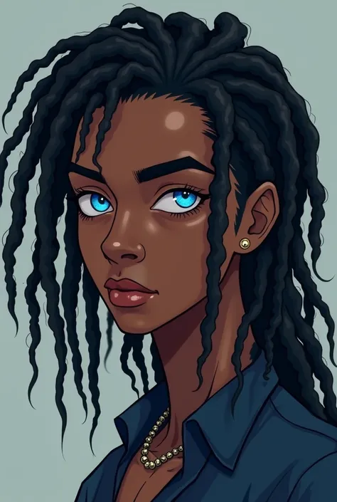 Create an image of a 19 year old boy with dreadlocks, siren eyes, medium dark blue, midium dark skin, and a mid animated style 