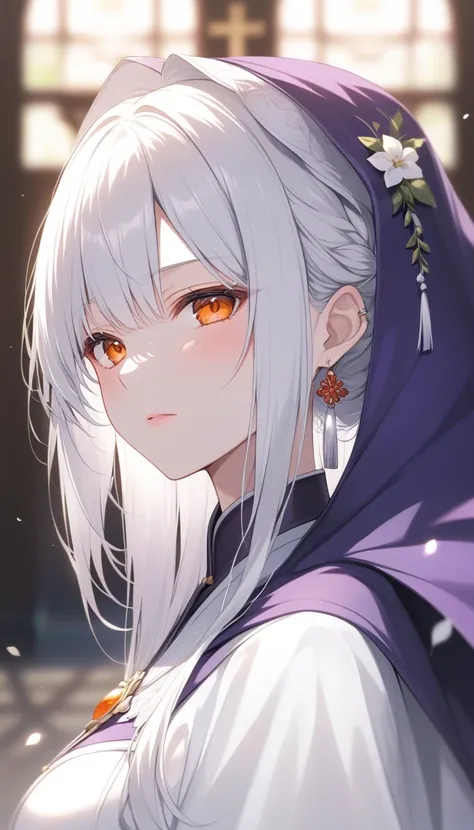  dark、Corrosive、 colorful 、 gorgeous light and shadow、whole body、 The girl&#39;s white skin、Mouth is moody、( orange eyes) eyes with rings are blurry and dreamy。Dappled Light and Shadow, portrait,White Hair, Purple Cape、 serious face、 blush your cheeks、Asso...