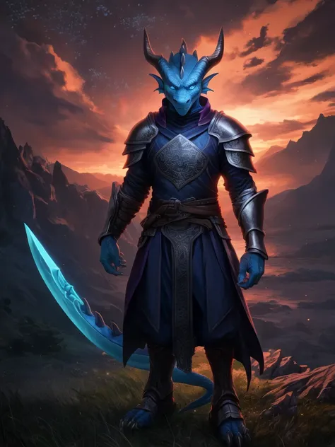 solo, male, mature male, (male anthro dragon:1.3), (blue body:1.1), (standing:1.3), (kemono:1.2), (sunset:1.23), big sword, armor, raised head, (front view), landscapes, cliff, dawn, horizon, detailed eyes, portrait, dragon tail, (detailed eyes), (outside:...