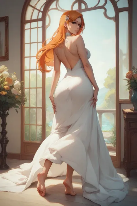 Orihime Inoue from Bleach (from behind) bare back long dress back of the neck orange hair looking back at viewer brown eyes full body picture bare feet