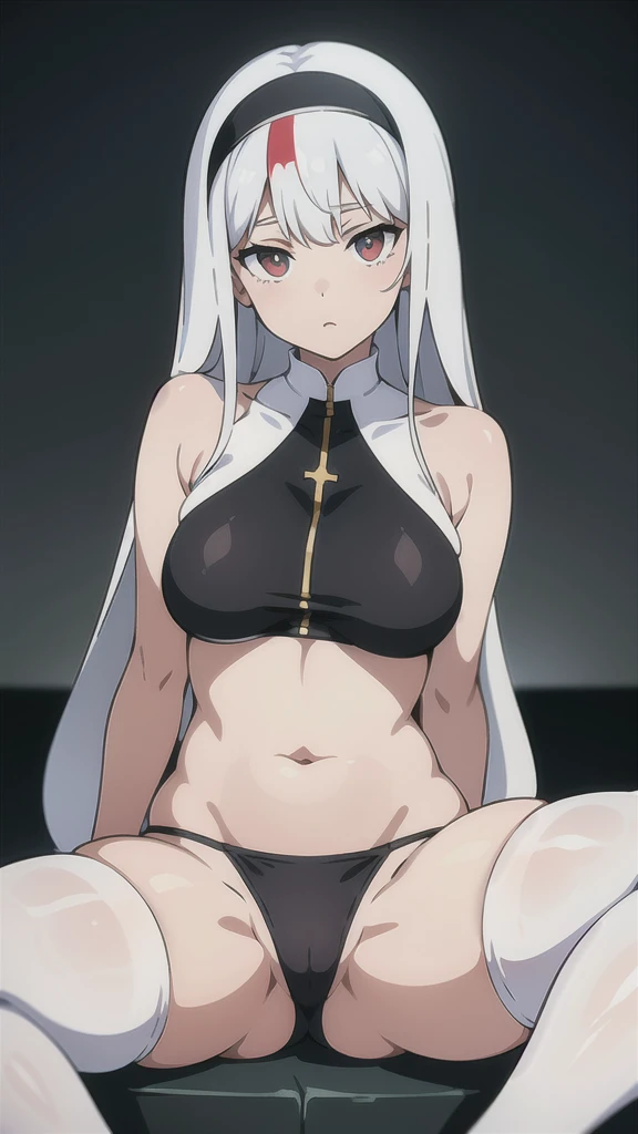 Nun dress, nun, big breasts, Bikini, white hair, belly button, sitting position, spread legs, showing panties, white stockings, stockings, golden eyes,jjmx， high quality， Dont have excessive composition problems， Masters work， fair skin，Smooth skin， Clear ...