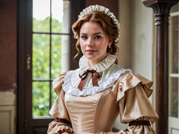 Young woman, noble woman, attractive, reddish-brown hair, cream coloured dress, ruffle collar, neck ruff