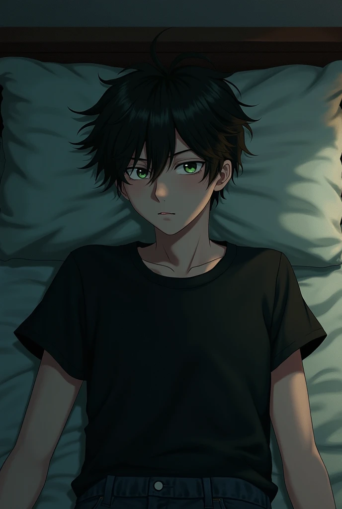  16-year-old boy with dark brown hair,  green eyes,  black clothes, In bed anime 