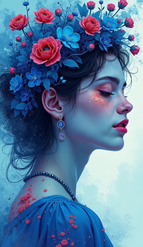 ( Moroccan masterpiece , top quality ,Mirror-like , Movie experience , Very detailed ),8k,wallpaper,(Illustration de léphémère et de la beauté avec des fleurs bleues et rouge de gloire du matin et une fille sexy en face :2.0),( Blue-themed illustrations :2...