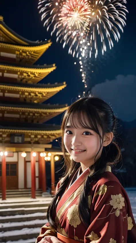 Big fireworks in the sky、(寺の鐘：1.5)、Winter landscape, night, night temple, snowy scenery, praying in front of a large temple bell, beautiful elementary school student, one girl, Red camellia pattern Red color kimono, bust shot, best quality, black hair in p...