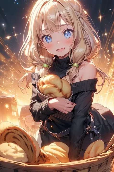 (from below:1.1),(perky chest:1.2), (pointed chest:1.2),(((Black Tunic:1.3))),(((breadcakes in the qute basket),Cute and beautiful, a 17yo girl, long hair, seductive cleavage:1.3, blonde hair, looking at viewer, ( off-shoulder dress, sweater dress), cafe, ...