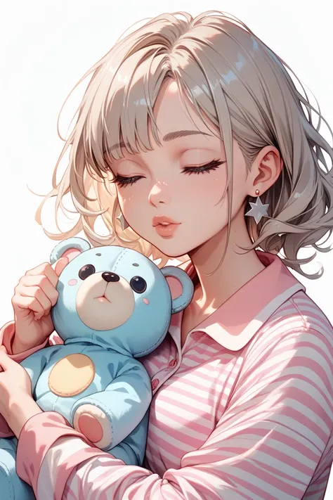 White background image. A woman with long platinum blonde hair , wavy, light gray eyes. Big mouth closed closed lips full , bulky.  wearing pink striped pajamas with white stripes ,  bright star earring holding a large white teddy bear 