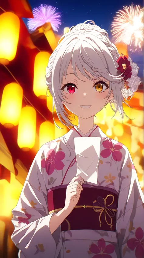 Short hair,half body, half detailed, no bad finger, no bad hand, silver-white hair with a slightly messy style and side-swept bangs, Heterochromia iridis),(left eye,Red eyes),(right eye,blue eyes),.  young woman wearing a traditional Japanese yukata with a...