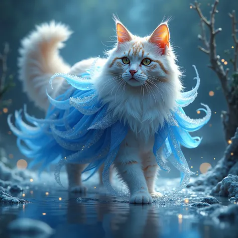 Une représentation artistique dune magnifique  d un chat  maine coon aux détails minutieux , avec un maquillage complexe, surréaliste, vêtus dune tunique bleu et blanche, de fils blanc à lélégance complexe, créant un effet visuel captivant et surréaliste. ...