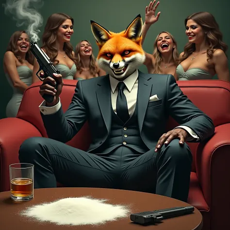 A man with a suit ,  the one has a fox head that grins angry , Red Eyes,  in his hand he holds a pistol , The gun smokes ,   in the other hand he holds a glass of whiskey,  who sits casually in a couch ,  in front of him a table with white powder ,  burnin...