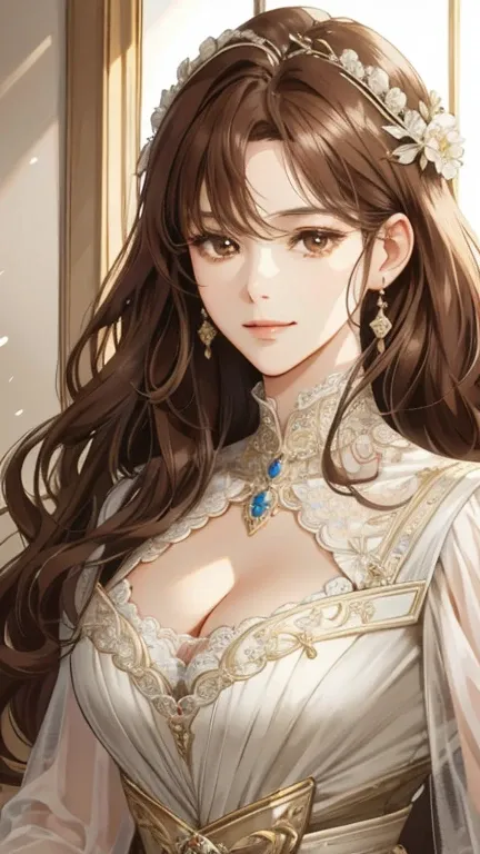 shoujo-style, (extremely delicate and beautiful:1.2), 8k,(masterpiece:1.0),(best_quality:1.0), 1girl, mature woman, complex details, enlarged textures, complex details, finely detailed eyes and detailed face, intricate details, (cleavage), royal dress, (cl...