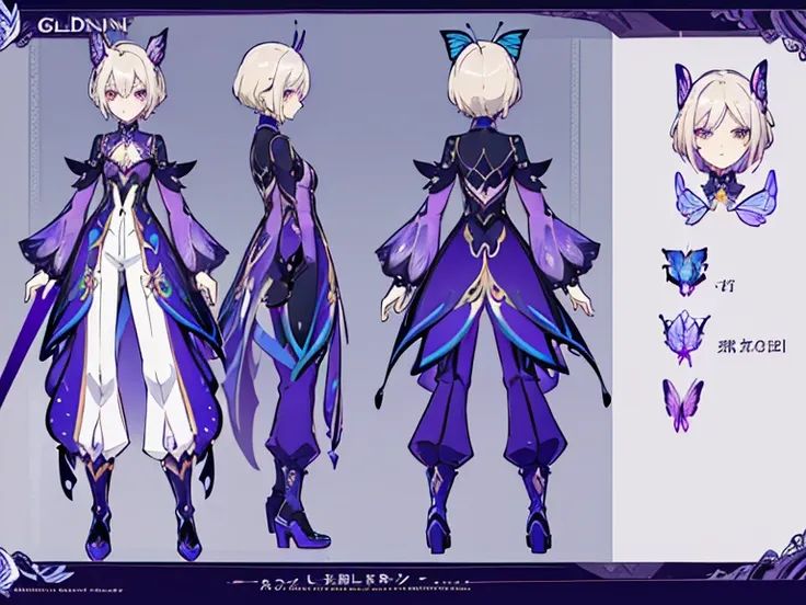 ((Butterfly anthropomorphism)) ((anthropomorhism of a Butterfly) anime concept art，pretty anime character design，anime character reference sheet，[androgynous character design] [Character design]，1woman in, ((Character information)) (Butterfly character) [f...