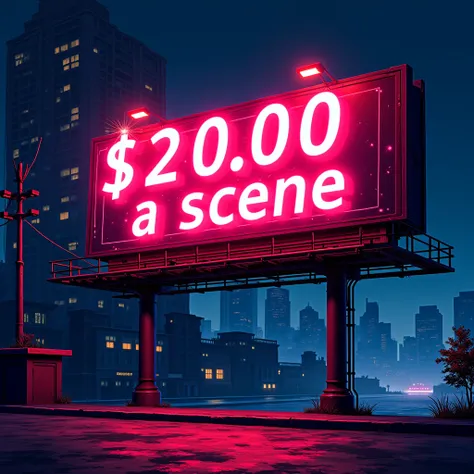 Comic-style AI generating glowing text for a billboard that says "$20.00 A Scene