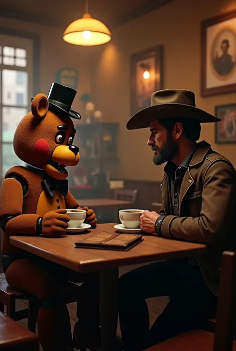 Freddy Fazbear Tomando Cafe Con John marston de red dead redemption 2