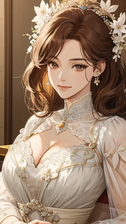 shoujo-style, (extremely delicate and beautiful:1.2), 8k,(masterpiece:1.0),(best_quality:1.0), 1girl, mature woman, complex details, enlarged textures, complex details, finely detailed eyes and detailed face, intricate details, (cleavage), royal dress, (cl...