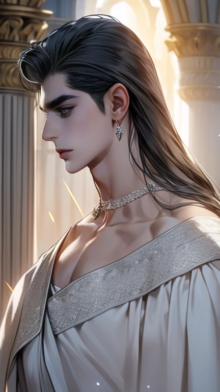 in bad shape，solo，8k,best qualtiy,Masterpiece, Shoulder blades，Handsome face，Detailed pubic hair，dynamic angle，palace of versailles，Adonis，magnificent robe，choker necklace，Long silver-black hair，god light，