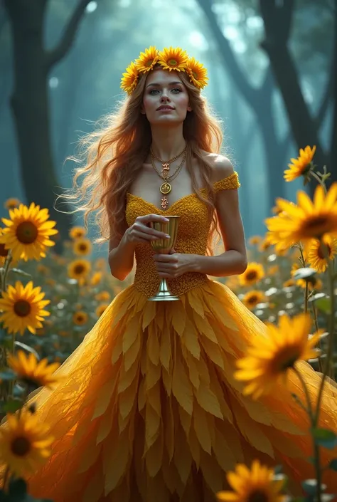 Valor Yellow and deep topaz hair blue eyed beautiful slavic happy Woman with  sunflower on her neck with the gold Flowers in her hair whitch wearing weavery Yellow fantasy gown made fully from the Deep gold Sunflower petals dress is shading Brown petal orn...