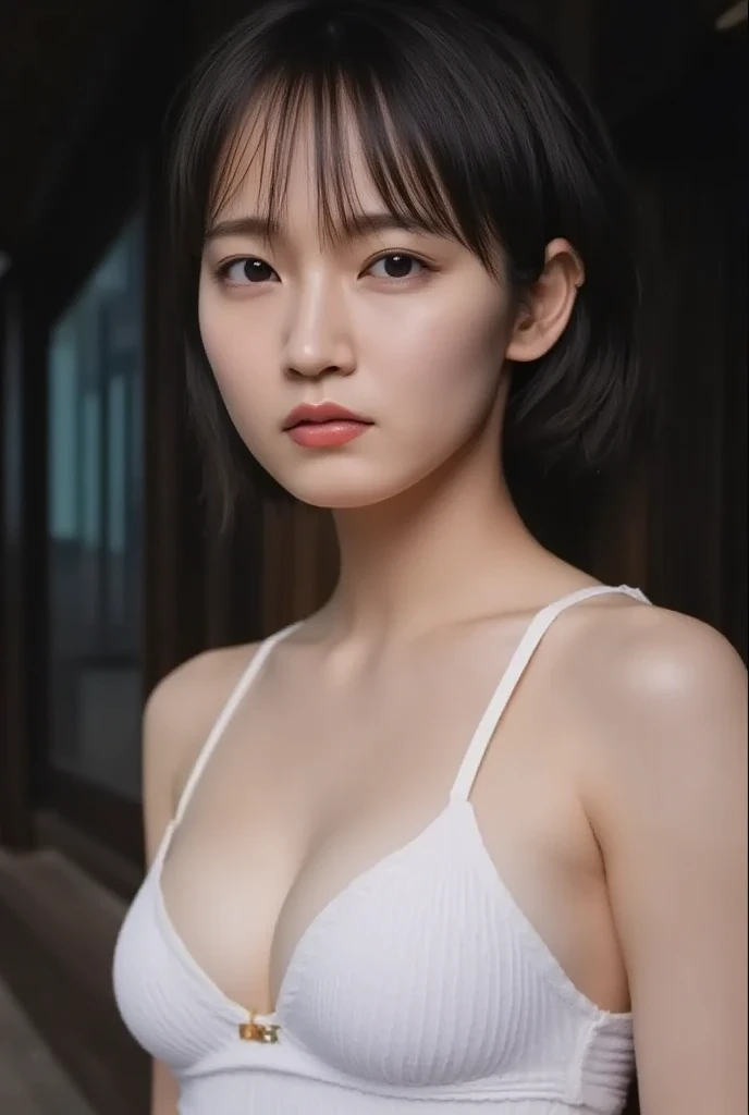  top quality , masterpiece,  Super high resolution , ( photorealistic:1.5),  RAW photos ,  1 girl, OFFSHOULDER IN THE DARK,  Deep Shadow ,  discreet , Cold Light, セクシーな外見,  short hair with shadows