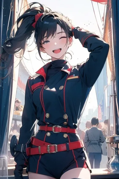 (from below:1.1),(perky chest:1.2), (pointed chest:1.2),(portrait), (1girl black hair, ponytail, brown eyes, happy smile, breath, closing eyes), (army coat, leotard, thighhighs, thigh holster), (fingerless gloves, boots), (standing, stretch, arms up), (out...