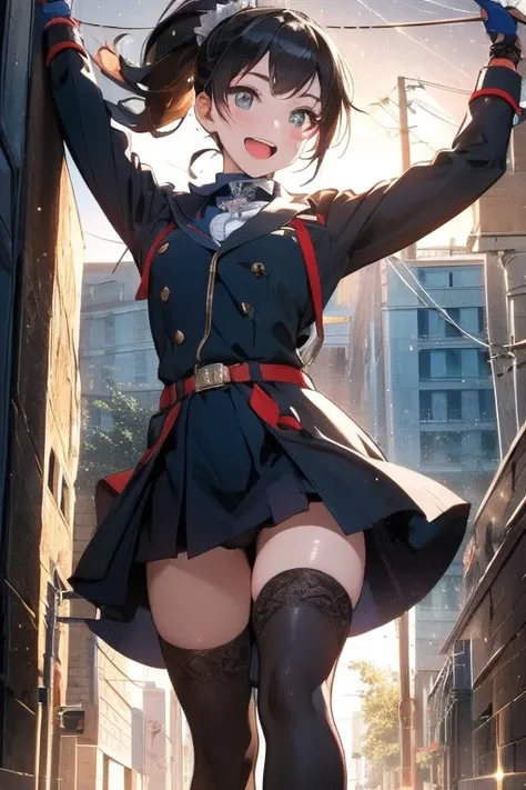 (from below:1.1),(perky chest:1.2), (pointed chest:1.2),(portrait), (1girl black hair, ponytail, brown eyes, happy smile, breath, closing eyes), (army coat, leotard, thighhighs, thigh holster), (fingerless gloves, boots), (standing, stretch, arms up), (out...