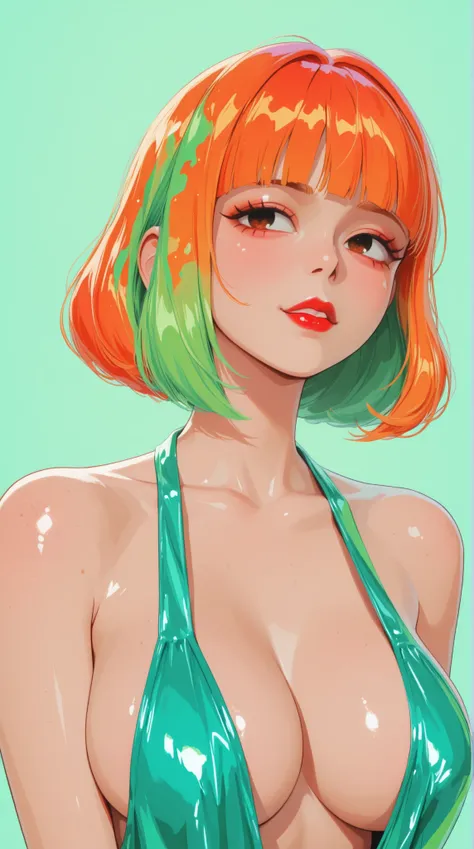 1 young asian girl, red lips, green dress, plunging neckline, big breasts, custom, colorful neon hair, masterpiece, style, Retro Classic, hair [green:1.75] [neon:1.32], detailed, shiny skin, no background, neon orange bacground, neon green background. 

