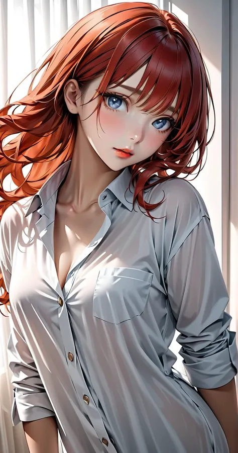 (A 17-year-old girl wearing an oversized boyfriend-style shirt:1.3), 1girl(1.7), beautiful face(1.5), detailed face(1.4), sharp facial features(1.3), shiny hair, (medium-length tousled soft vermilion red hair with a slight wave:1.3), She’s wearing an overs...