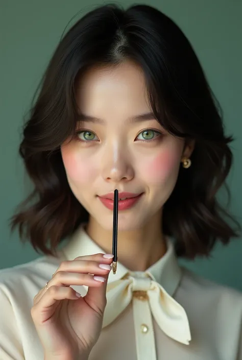 Green-eyed woman with black toothpick with white tie smiling 