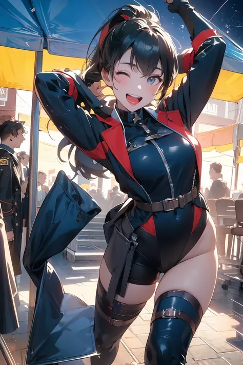 (from below:1.1),(perky chest:1.2), (pointed chest:1.2),(portrait), (1girl black hair, ponytail, brown eyes, happy smile, breath, closing eyes), (army coat, leotard, thighhighs, thigh holster), (fingerless gloves, boots), (standing, stretch, arms up), (out...