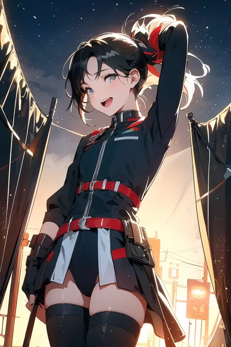 (from below:1.1),(perky chest:1.2), (pointed chest:1.2),(portrait), (1girl black hair, ponytail, brown eyes, happy smile, breath, closing eyes), (army coat, leotard, thighhighs, thigh holster), (fingerless gloves, boots), (standing, stretch, arms up), (out...