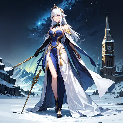 (((masterpiece, best quality, high detailed, 16k))) (1girl) An icy, regal woman with long, flowing silver hair and piercing, frost-blue eyes that emit an aura of absolute cold. Her expression is emotionless, her beauty as frigid as the ice she commands. Sh...